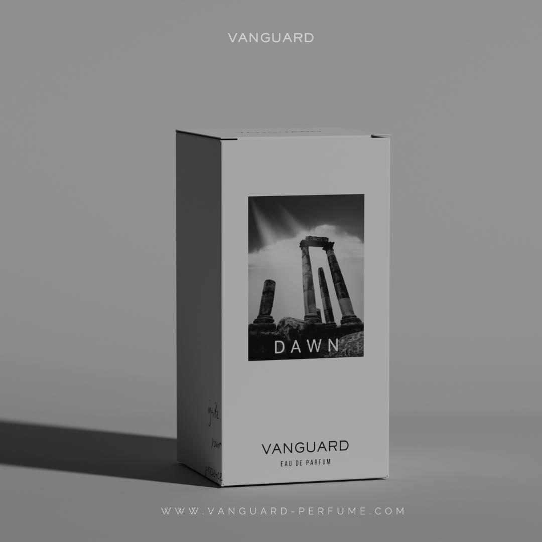 Minimal black-and-white product photography of Vanguard Dawn perfume packaging with architectural shadows.