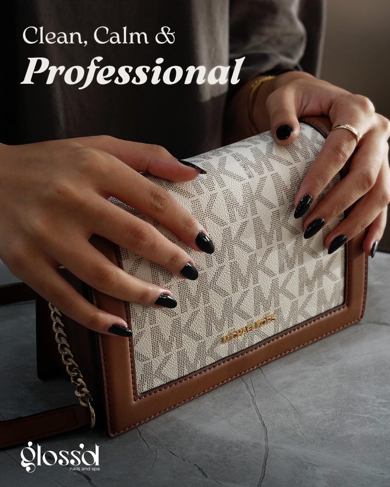 Manicured hands holding a designer handbag in a nail salon advertisement with “Clean, Calm & Professional” text